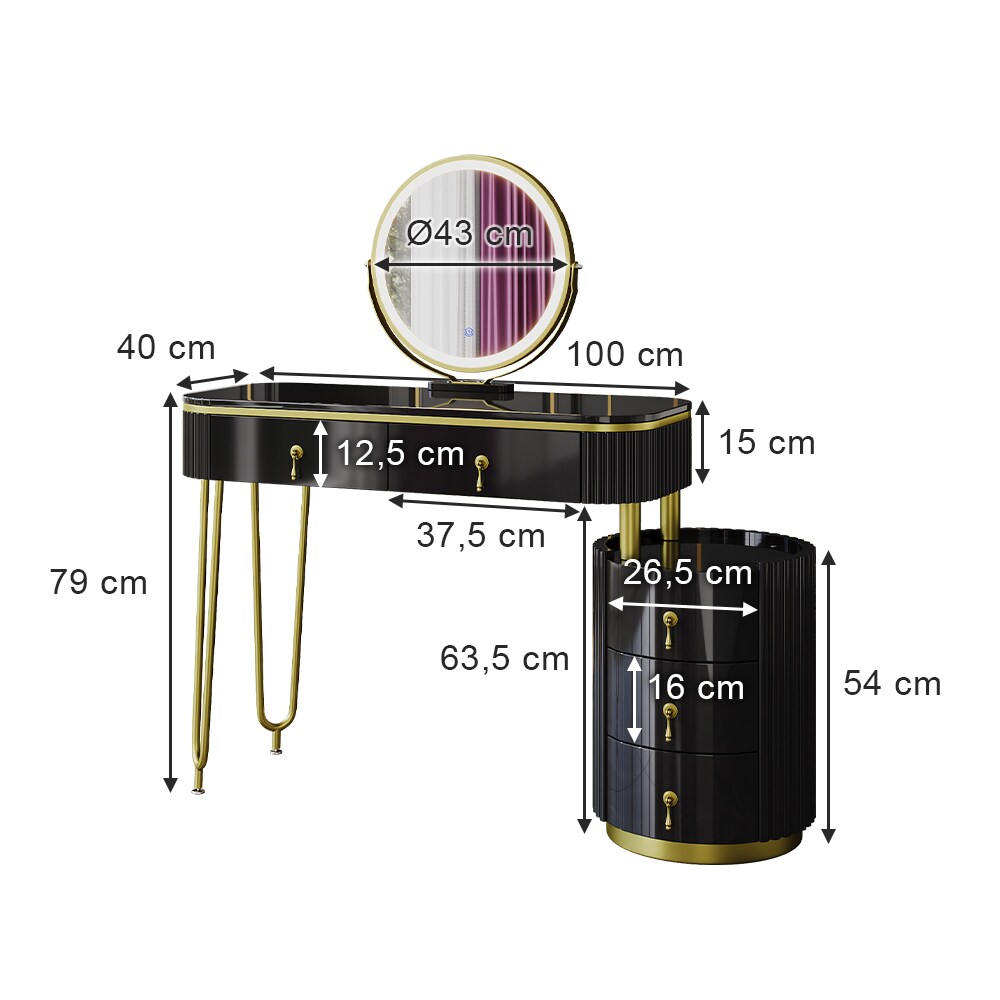 Vicco Schminktisch Charlène, 100 x 40 cm, Schwarz, Frisiertisch mit LED-Spiegel