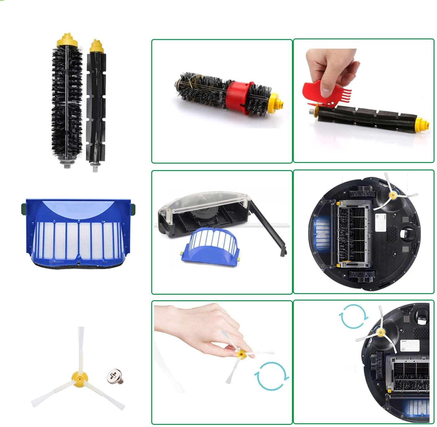 (13-tlg. Set) Ersatz Seiten Bürsten / Hepa Filter / Lamellen für iRobot Roomba Staubsauger Roboter Serie 500 / 600