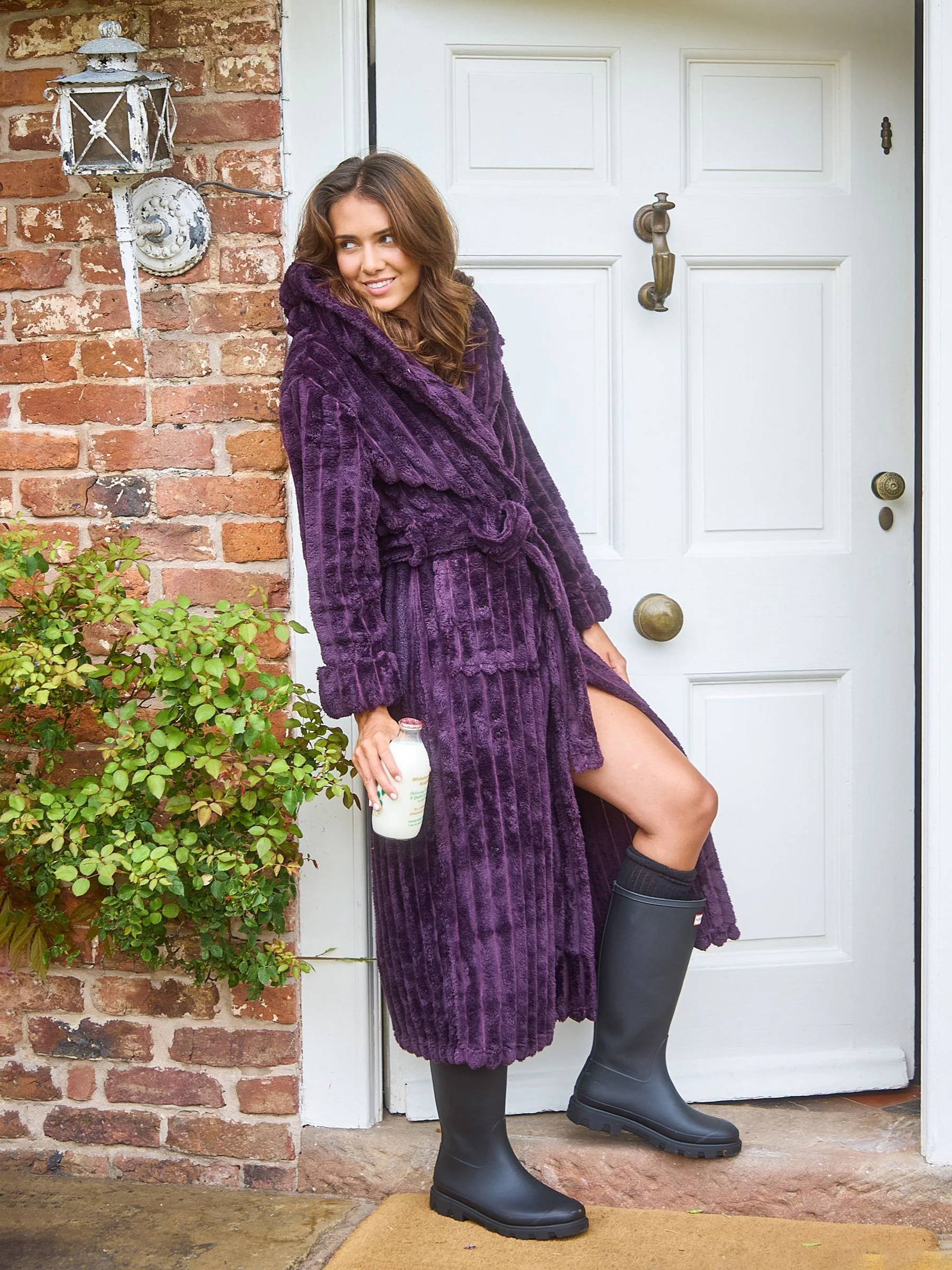 Paars - Loungeable Plush Ridged Fleece Midi Hooded Dressing Gown