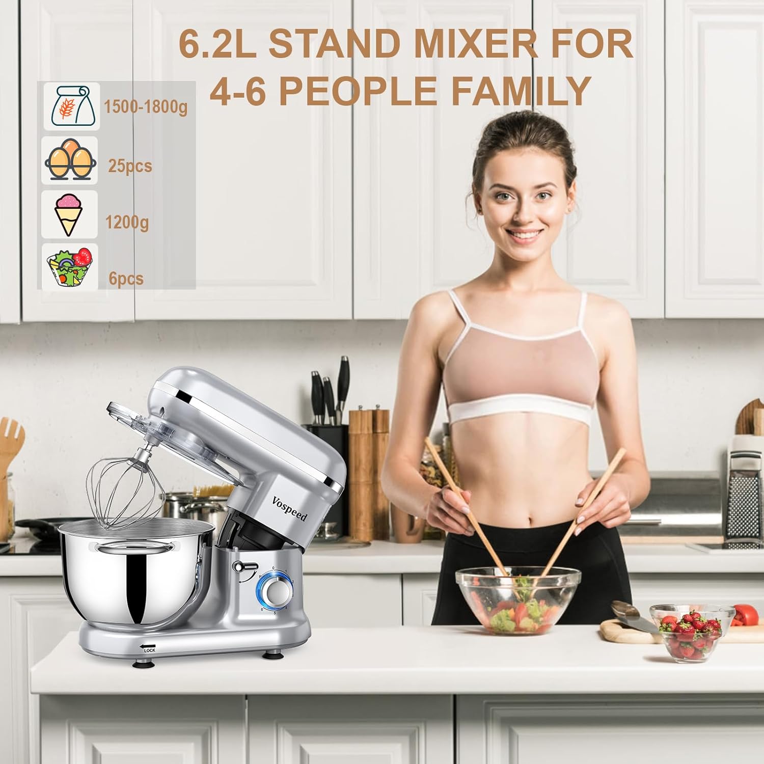 Vospeed Robot Patissier 1500W, 6QT Gateau Mélangeur lectrique Cuisine Avec Acier Inoxydable Bowl, Batteur, Crochet Pétrisseur, Fouet Pourcuisson, Lave-vaisselle (Noir)