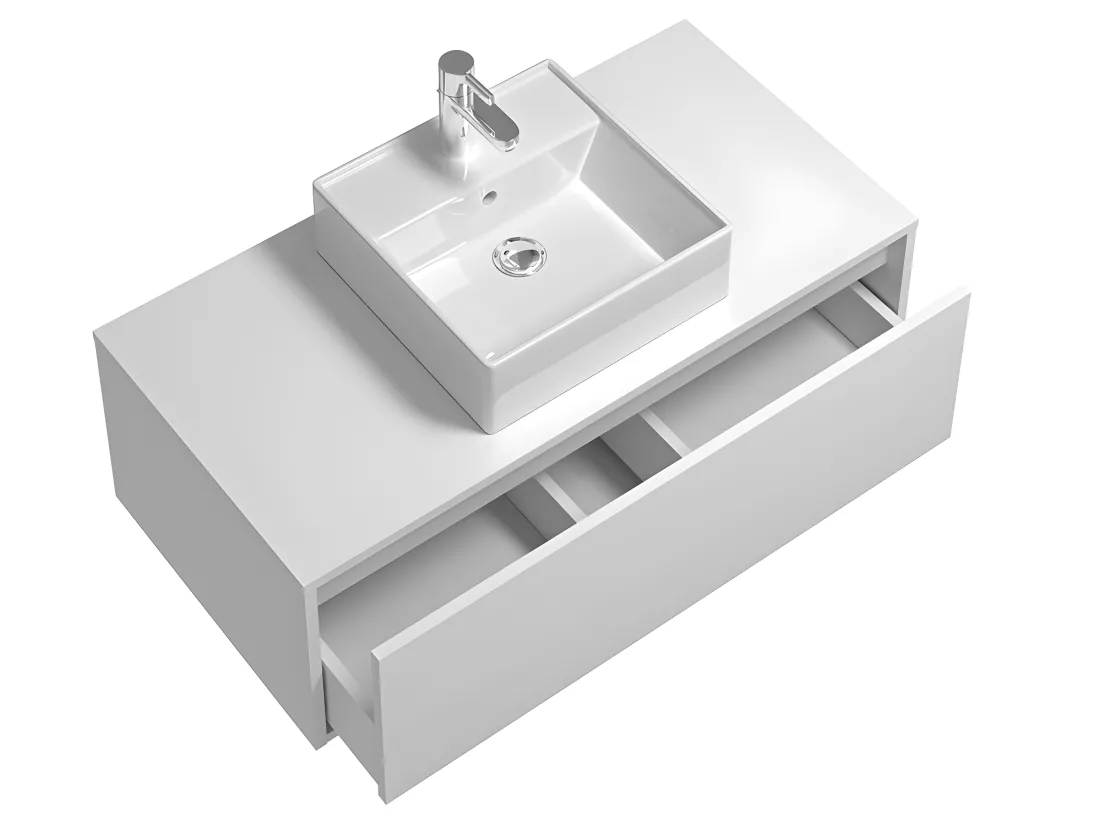 Meuble de salle de bain suspendu blanc avec simple vasque carrée - 94 cm - TEANA II