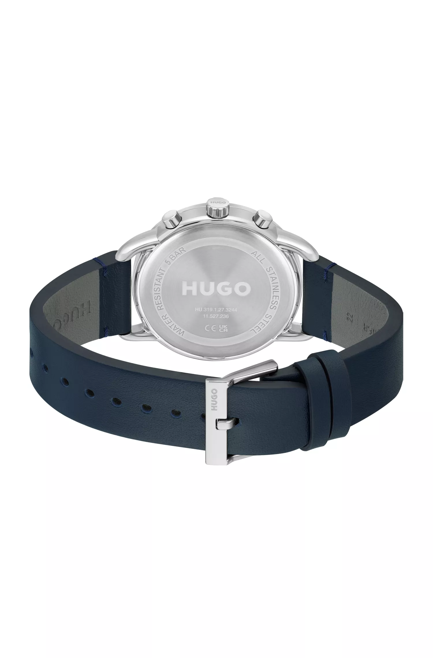 Relógio HUGO em aço inoxidável vermelho com pulseira de couro costurada.