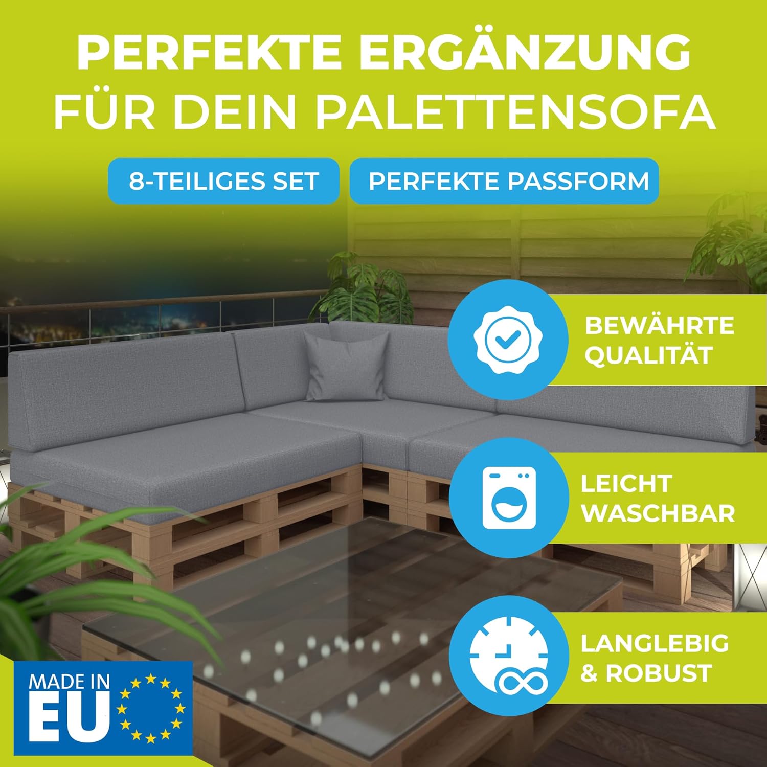 Palettenkissen 8-teiliges Set | Palettenauflage für Palettensofa | Rückenkissen & Sitzkissen für Europaletten | Palettenmöbel für Indoor & Outdoor mit UV-beständig | Made in EU | Graphit