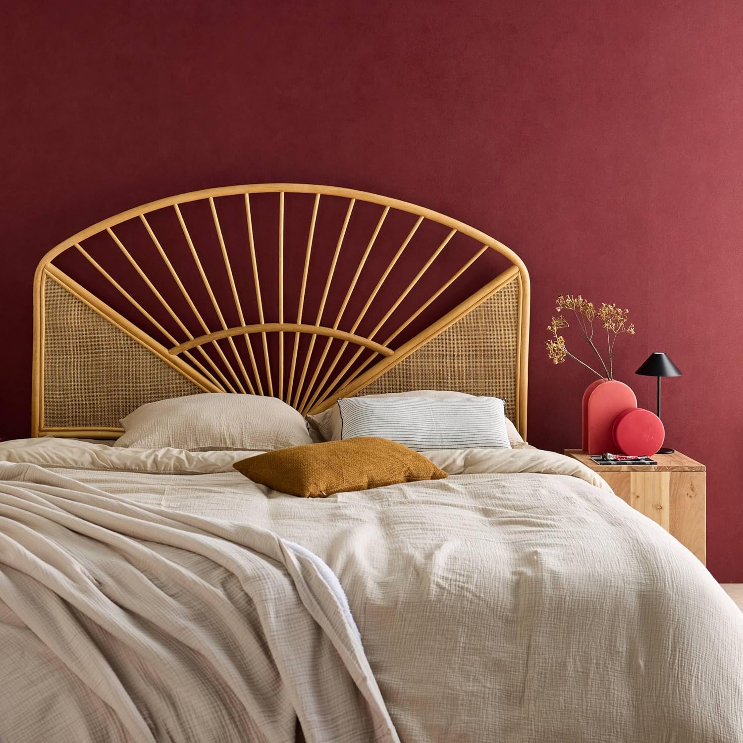 sweeek - Kopfteil aus natürlichem Rattan und Rohrgeflecht, helles Holz - Tomia