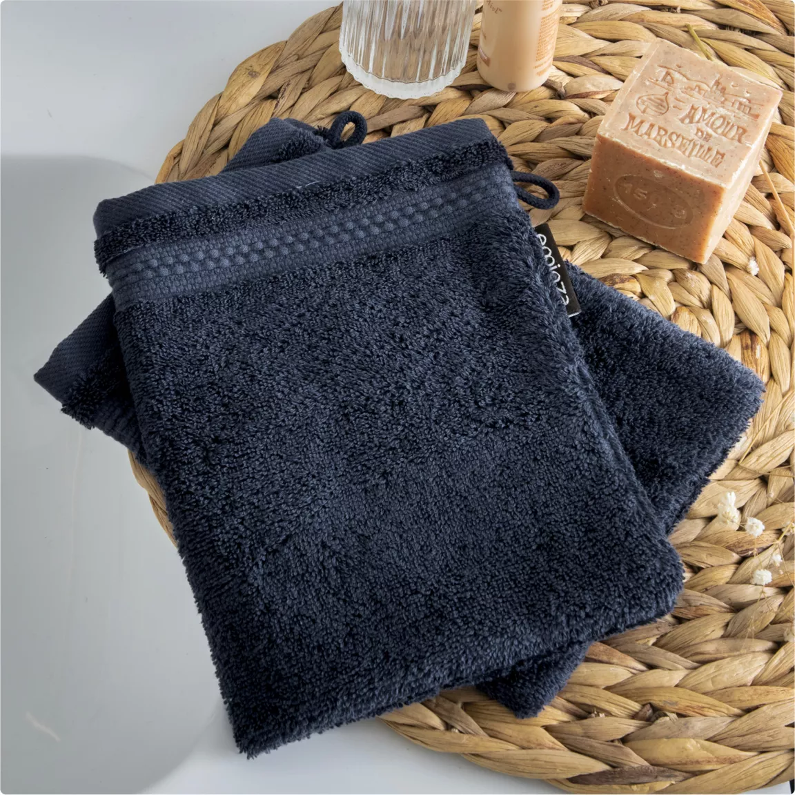 Lot de 2 gants de toilette coton bio (15 x 21 cm) Méline Bleu nuit