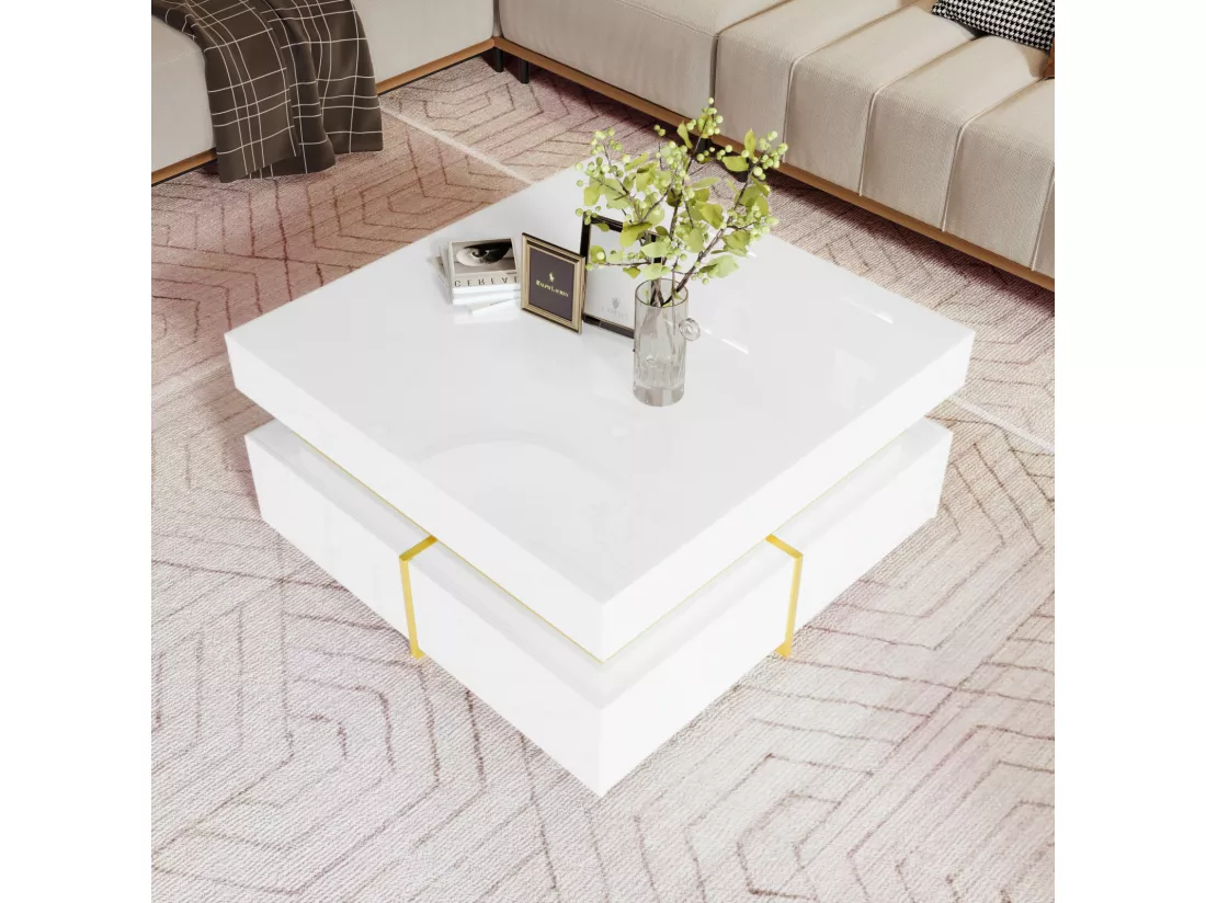 Table basse 70x70cmx35.5, table carré haute brillance avec tiroirs et accents dorés, blanc