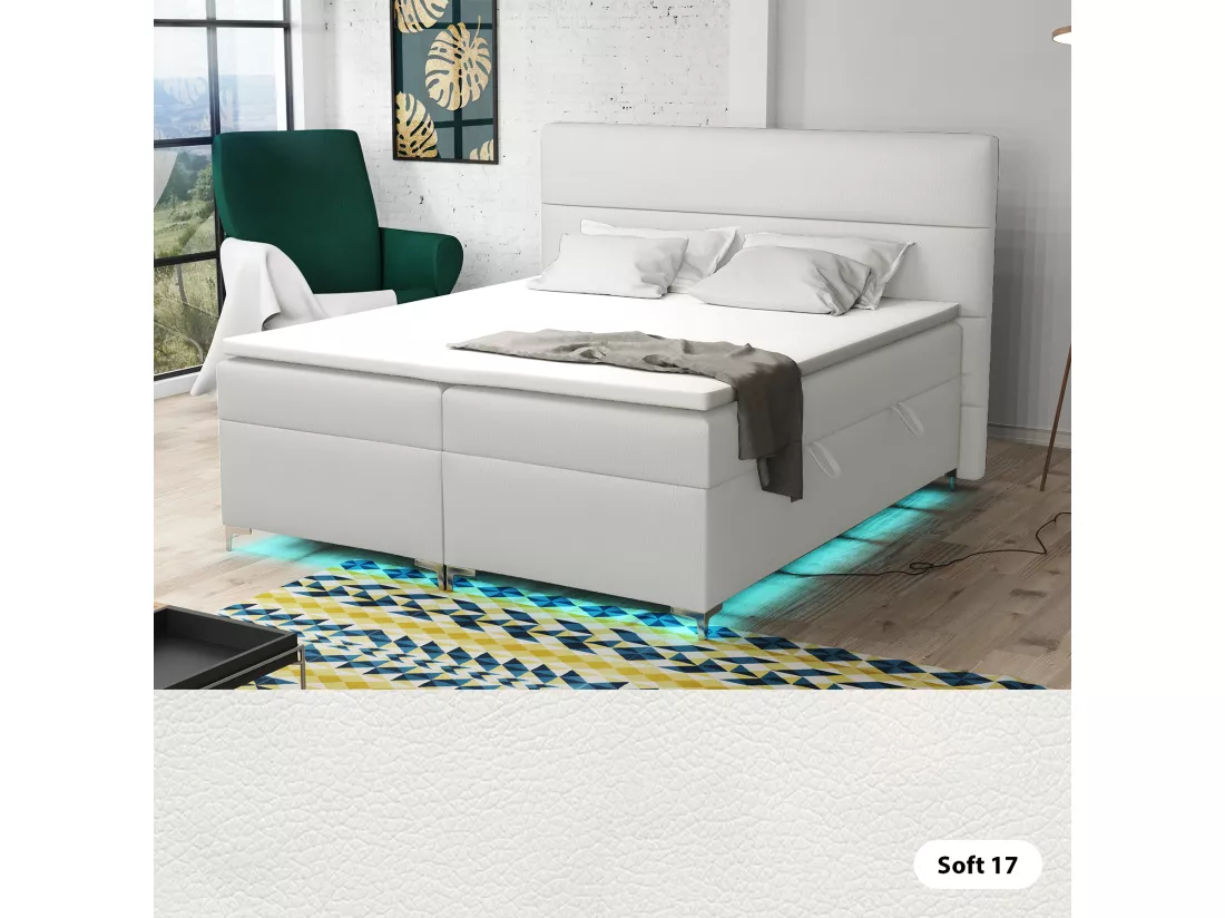Lit boxspring avec surmatelas Verdalen LED, 200x200 cm, Soft 17 (Blanc)