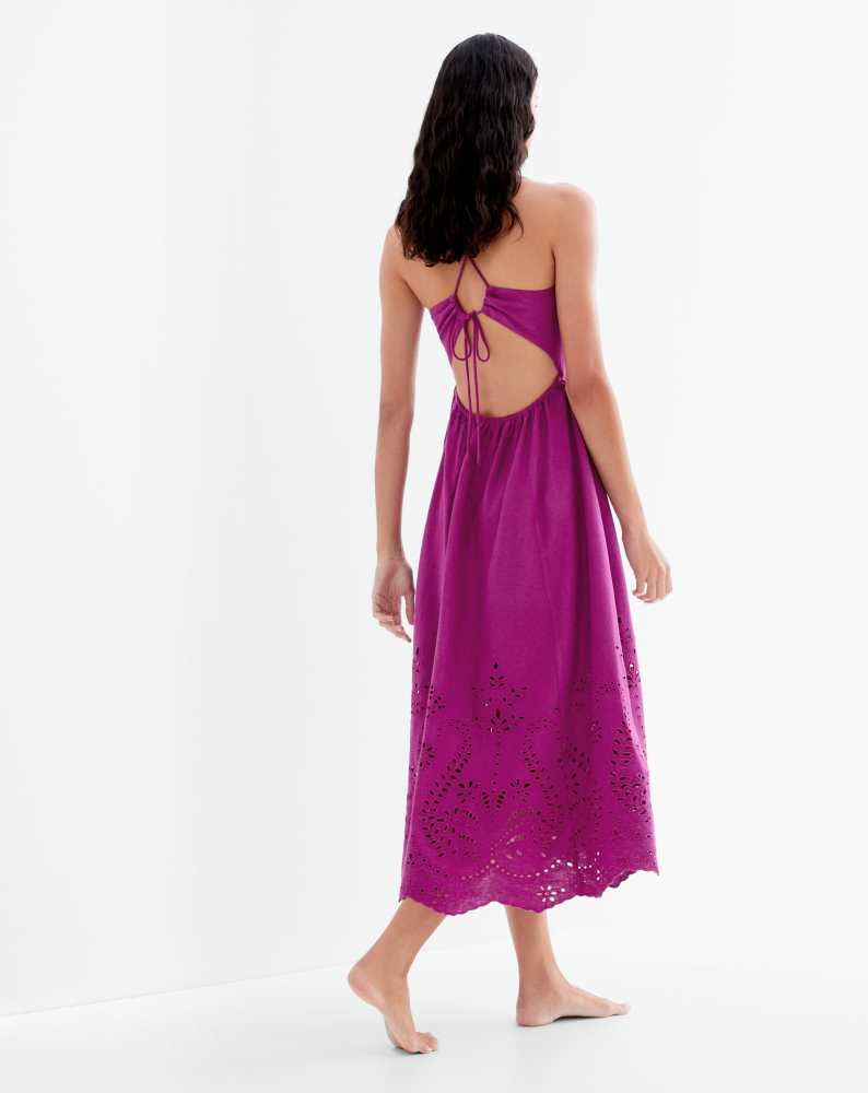 Vestido midi de linho bordado