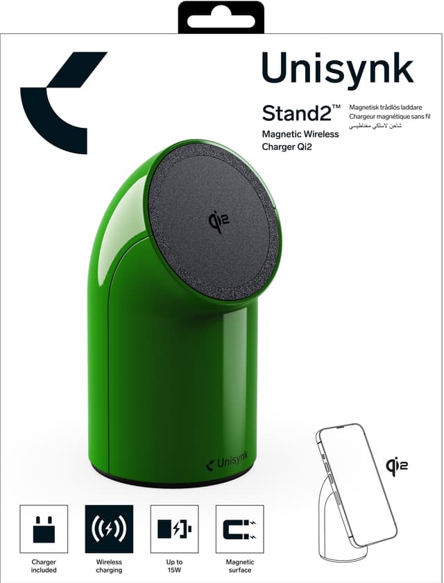 Unisynk Stand2 Qi2 wireless desk charger (green)