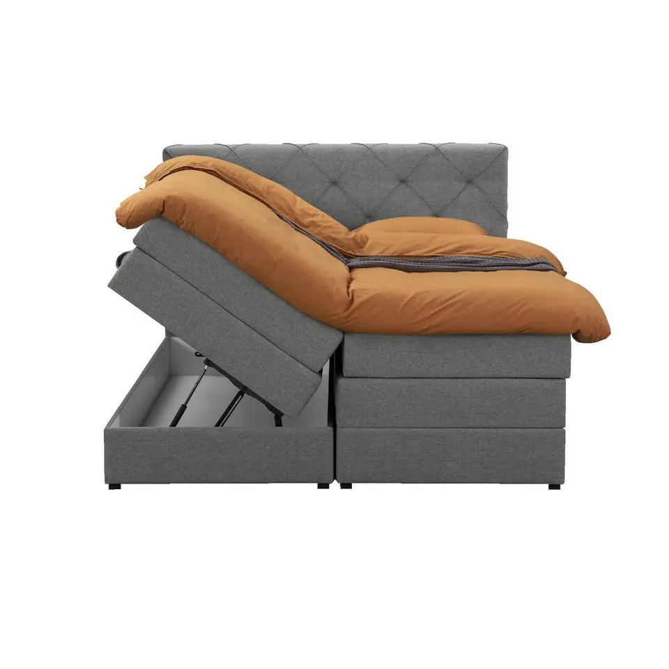 Boxspring met opbergruimte Liv geruit - lichtgrijs - 140x200 cm