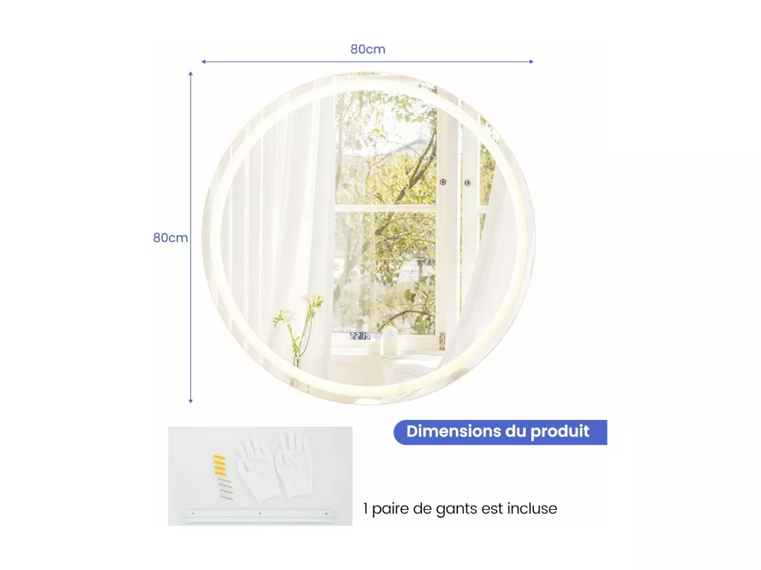 Miroir Salle de Bain LED, Miroir Lumineux Salle de Bain Anti-Buée avec 3 Couleurs et Luminosité Réglables, Fonction de Mémoire, Miroir Maquillage pour Coiffeuse, Chambre, Vestiaire (80x80x4cm)