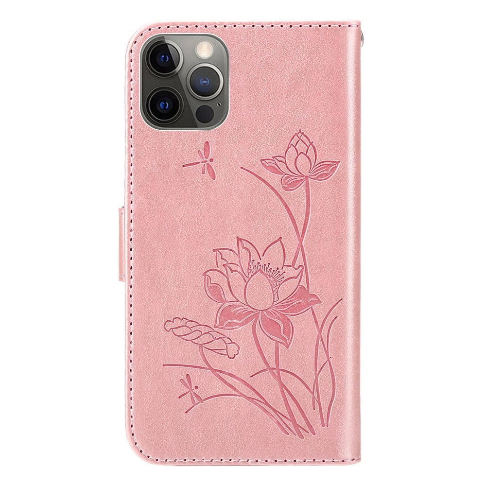 iPhone 13 Pro Leder Tasche Flip Cover Lotus Blumen Imprint - Roségold