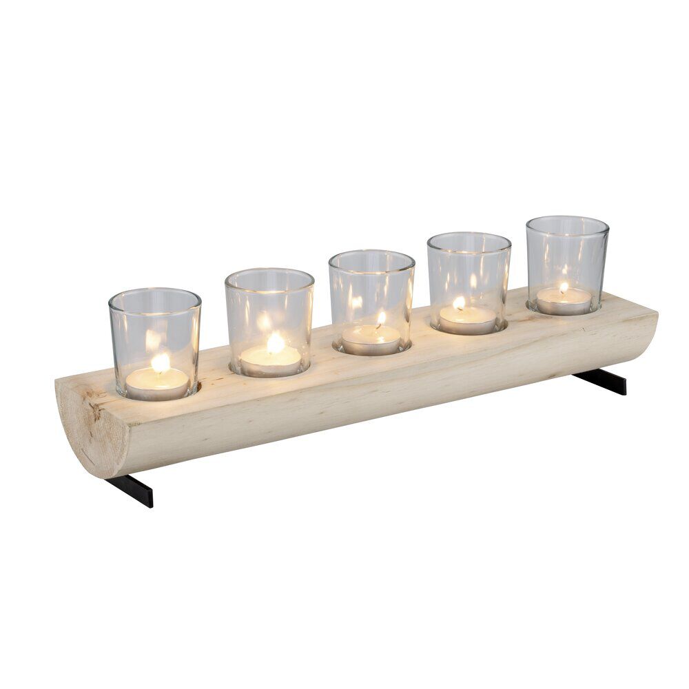 Centre de table en bois avec 5 bougeoirs en verre