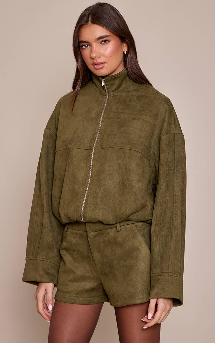 Kaki Veste Zippée À Col Montant En Synthétique