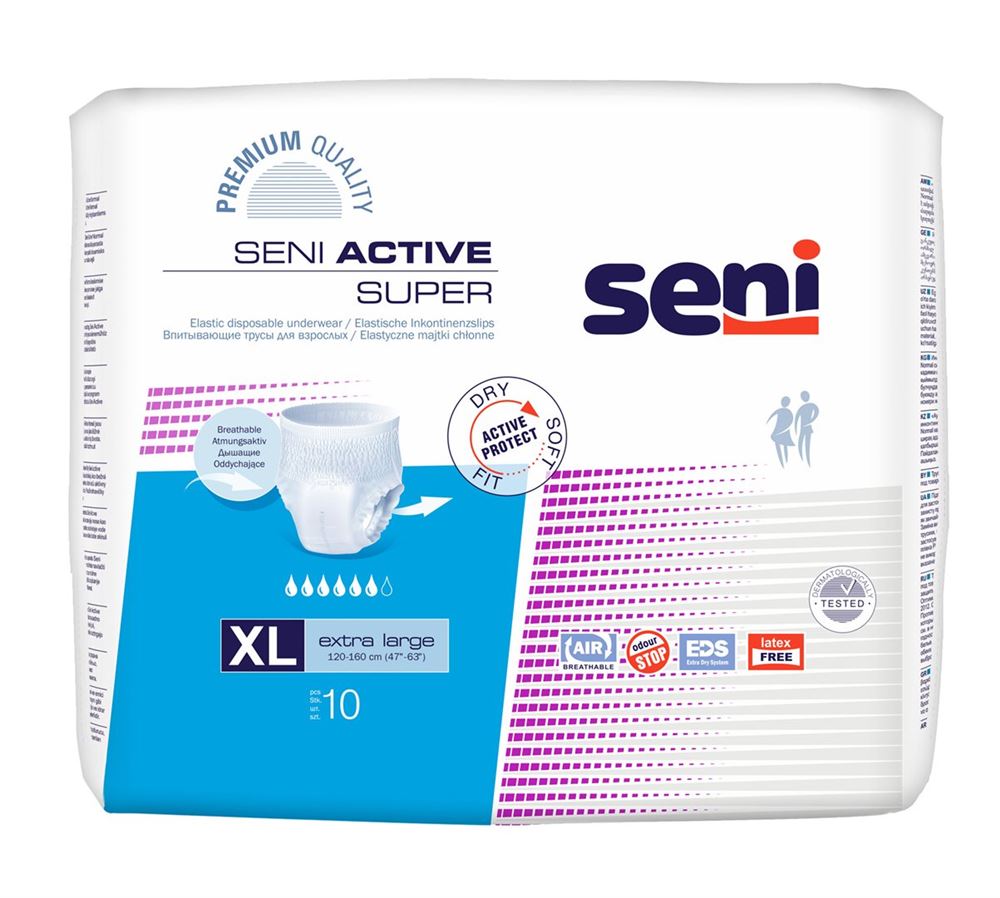 Seni Active Super Pants Einweghosen XL atmungsaktiv Hüftumfang 120-160cm 6 Tropfen Btl 10 Stk