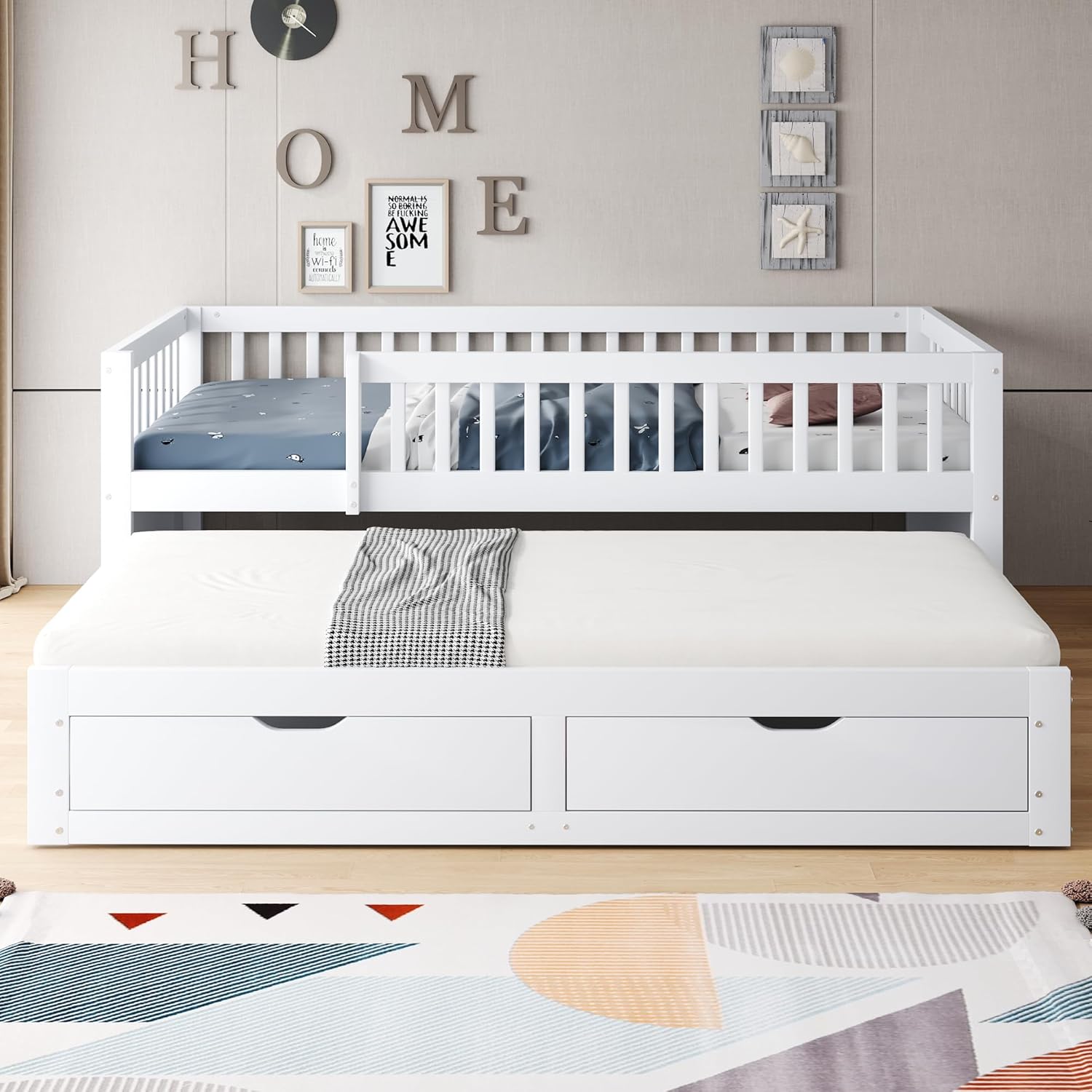 Kinderbett 90x200 Massivholz Schlafsofa mit Ausziehbett & Schubladen, Multifunktionsbett Tagesbett Gästebett Stauraumbett Jugendbett Bettgestell mit Rausfallschutz und Lattenrost, ohne Matratze, Weiß