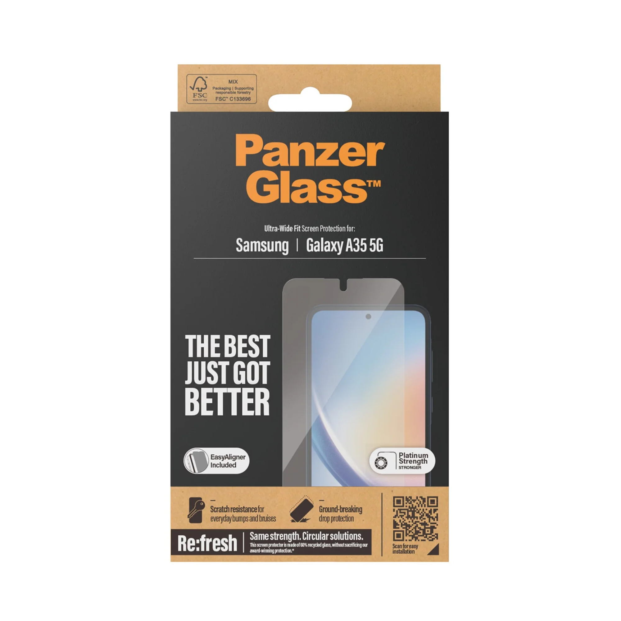 Samsung Galaxy A55 Antibakterielle Ultra Wide Fit Panzer Glas Displayschutz mit Montagerahmen Recycled (7358)