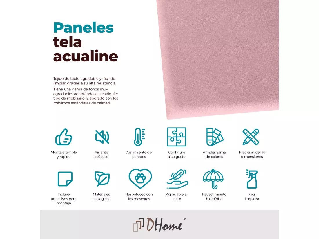 DHOME Lot de 8 Panneaux Rembourrés en Tissu Aqualine Autocollants pour Mur Acoustiques Absorbants Protection contre les Chocs (Rose, 60x60cm, x8)