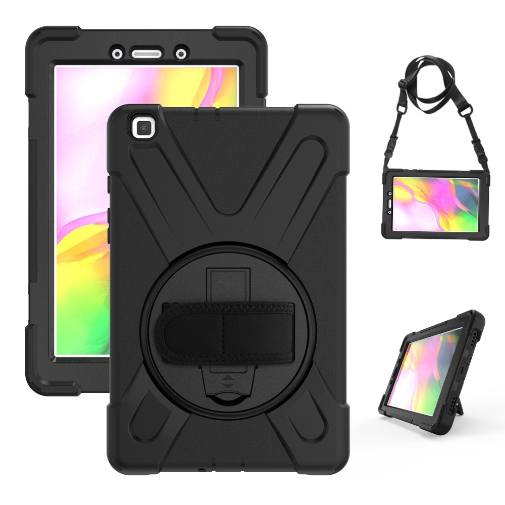 Samsung Galaxy Tab A 8.0 (2019) Hybrid Outdoor Silikon Case Hülle mit Aufsteller und Handschlaufe und Schultergurt - Schwarz