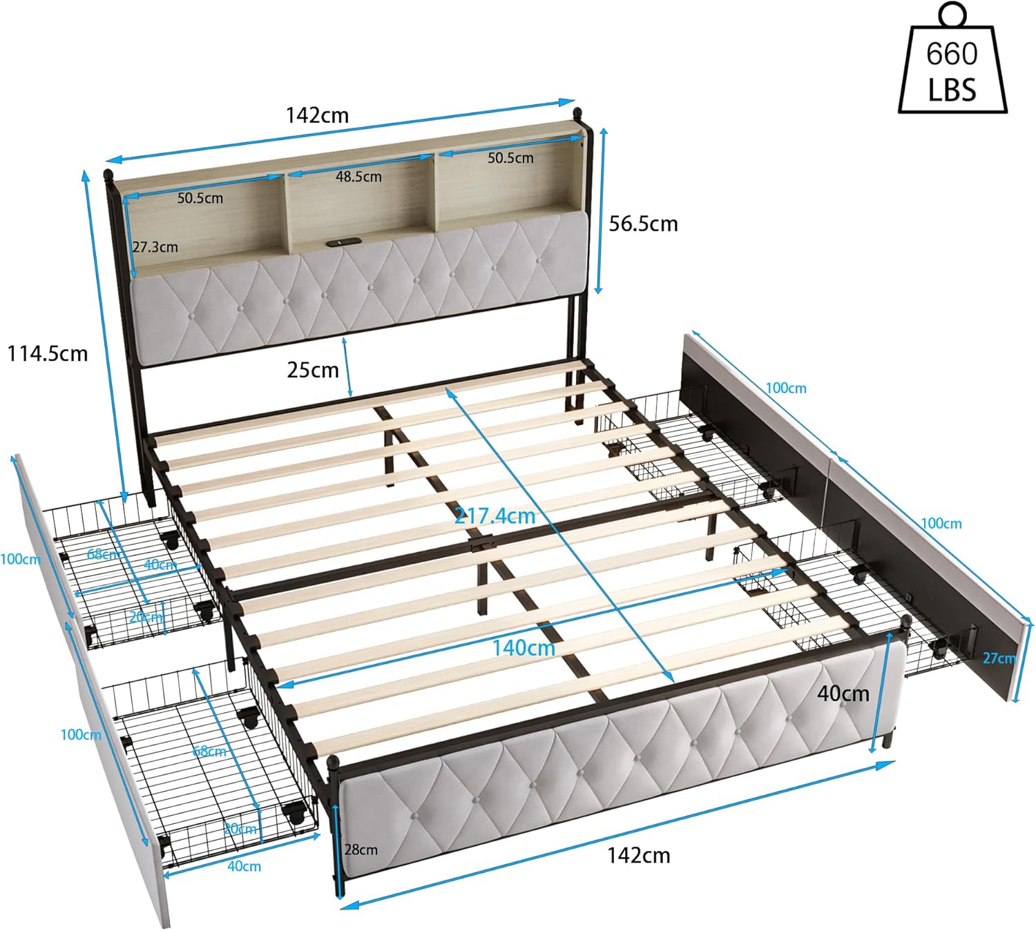 Polsterbett 140x200 cm Doppelbett mit LED und USB, Jugendbett mit Stauraum-Kopfteil Stauraumbett mit 4 Schubladen, Bettgestell mit Lattenrost, Samt (Beige, 140 x 200 cm)