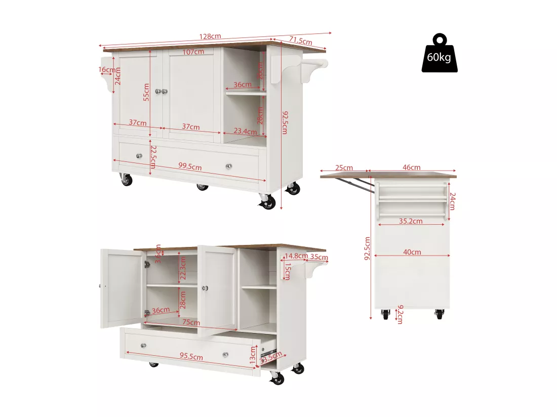 Ilot central de cuisine - chariot à roulette avec plateau extensible - 1 tiroirs et 2 portes - Blanc