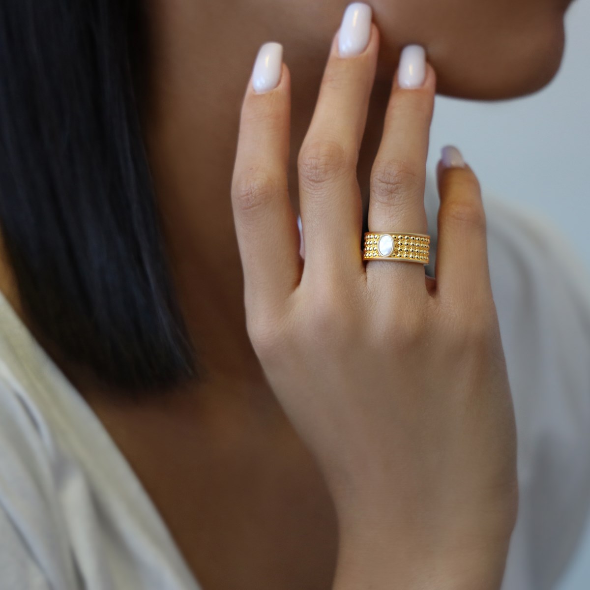 Bague En Argent Doré Jacky Boule Pierre Nacre