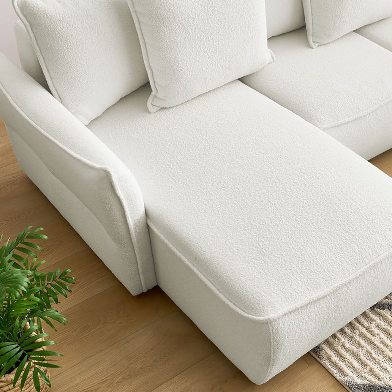 Bobochic Canapé panoramique convertible coffre d'angle gauche bouclette léon blanc - 320x194x90 cm