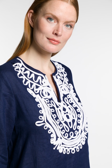 Leinenkleid, Stickerei, Tunika-Ausschnitt, 3/4-Arm