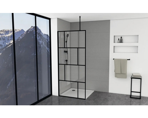Walk-in Aurlane Bricks zwart 90 cm profiel zwart helder glas omkeerbaar
