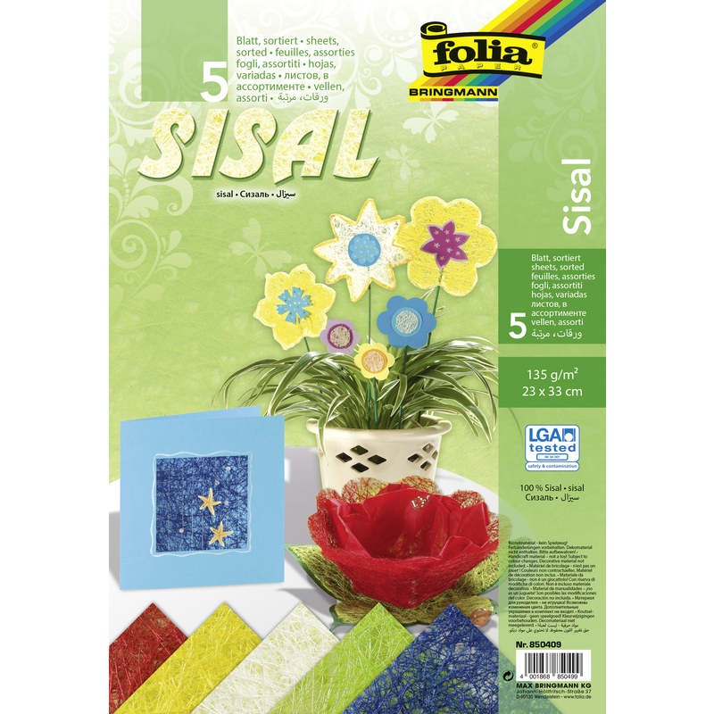 Folia Sisal Papier, 23 x 33 cm, assortiert, 5 Blatt