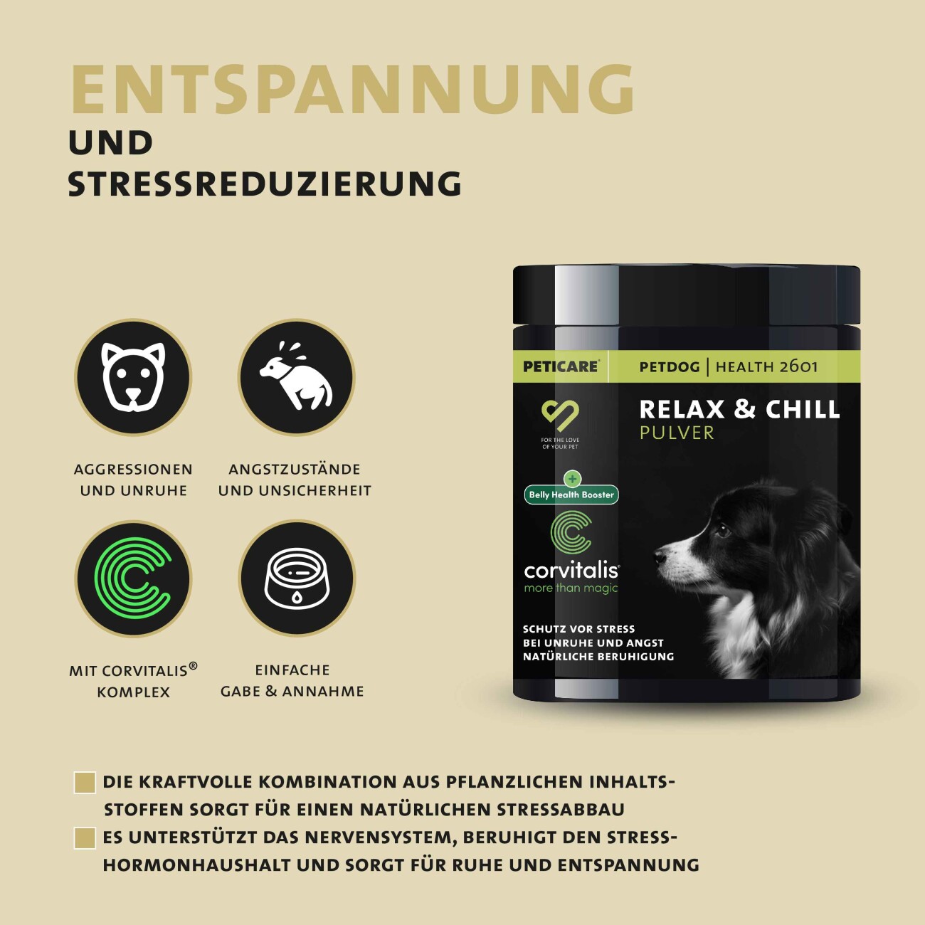 Peticare Relax-Mix Pulver für Hunde, beruhigendes Ergänzungsfutter-Mittel