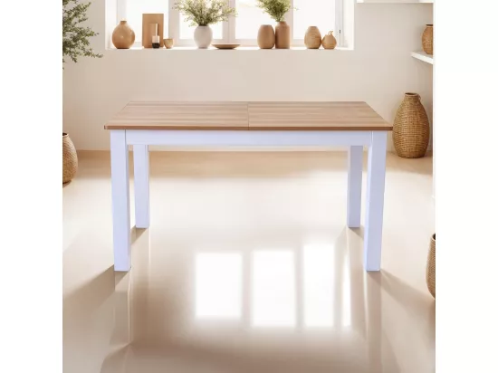 Table à manger extensible effet bois 6/8 personnes, piètement blanc 140/180 cm - Lexi