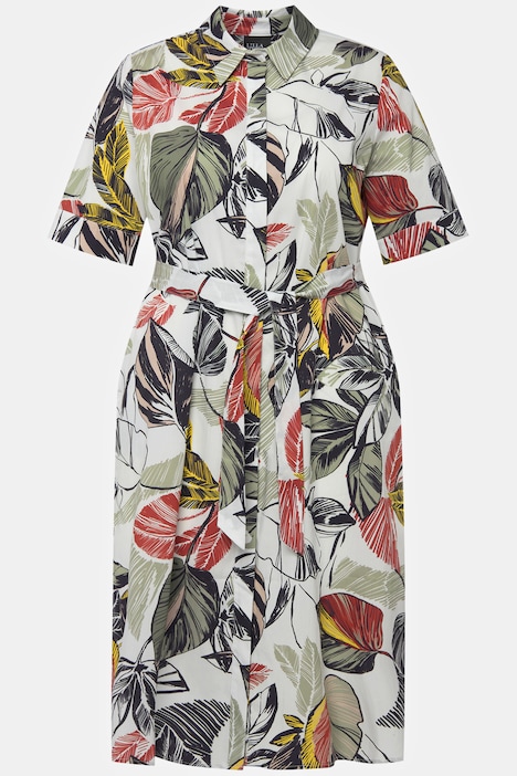Hemdblusenkleid, Blätter, A-Linie, Hemdkragen, Halbarm