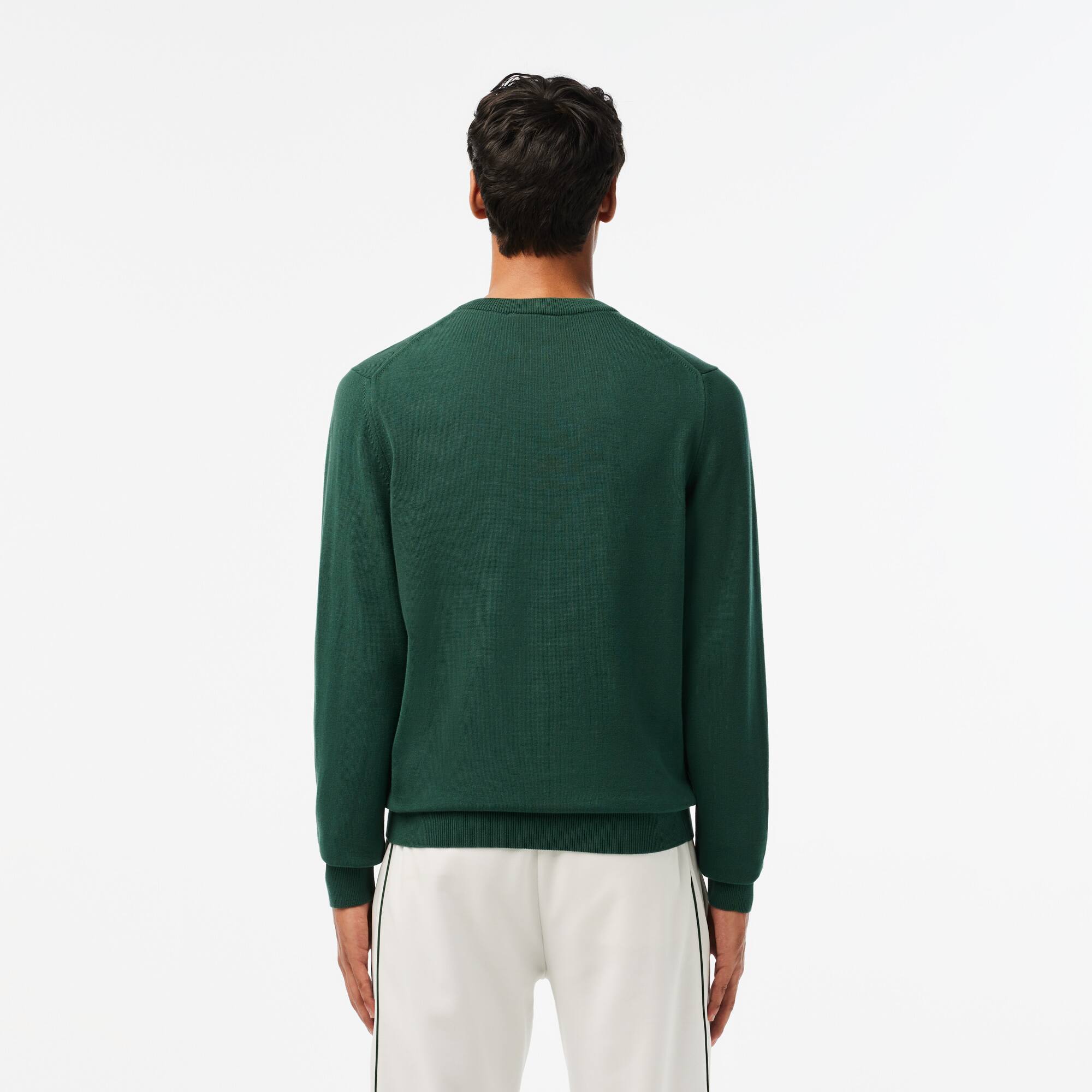 Pull à col V en coton biologique uni Pullovers - Vert - Lacoste - Homme
