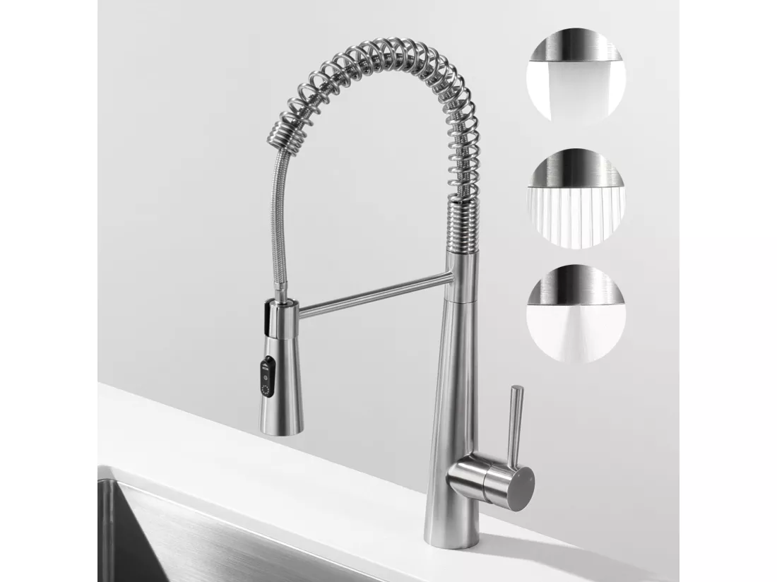 2PCS Mitigeur Cuisine à Ressort avec 3 Modes de Sortie D'eau - Mitigeur de Evier avec Douchette Extractible Robinet Cuisine Pivotant à 360° Brossé