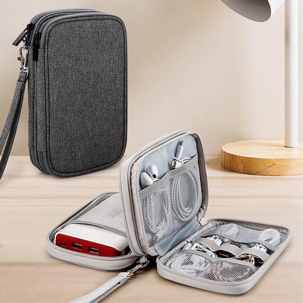 (20x11.5x6cm) Universal Stoff Tasche Reise Organizer für Smartphones / Ladekabel mit Doppel Reissverschluss (Grösse M) - Grau