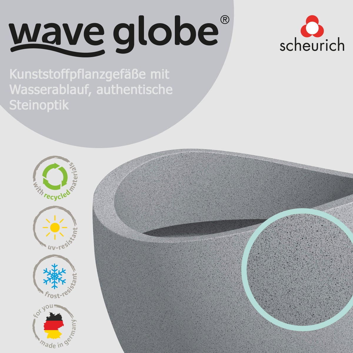 Scheurich Wave Globe 50, plantenbak/bloempot, rond, gemaakt van kunststof, kleur: Stony Grey, diameter 49,5 cm, hoogte 37,1 cm, inhoud 37 l.