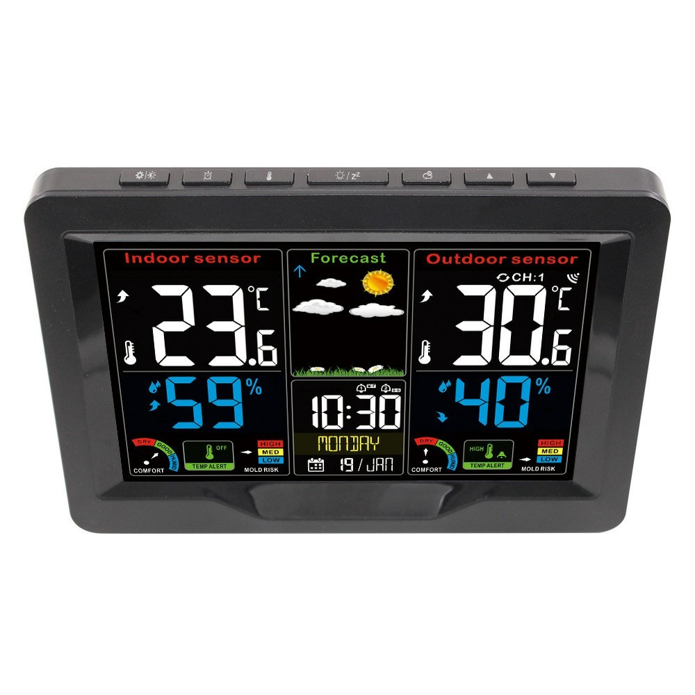 (2-tlg. Set) Wireless Wetterstation Digital Thermometer / Hygrometer / Wecker mit Wettervorhersage   Aussensensor (Batteriebetrieben) - Schwarz