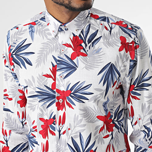 Chemise Manches Longues Blanc Bleu Rouge Floral
