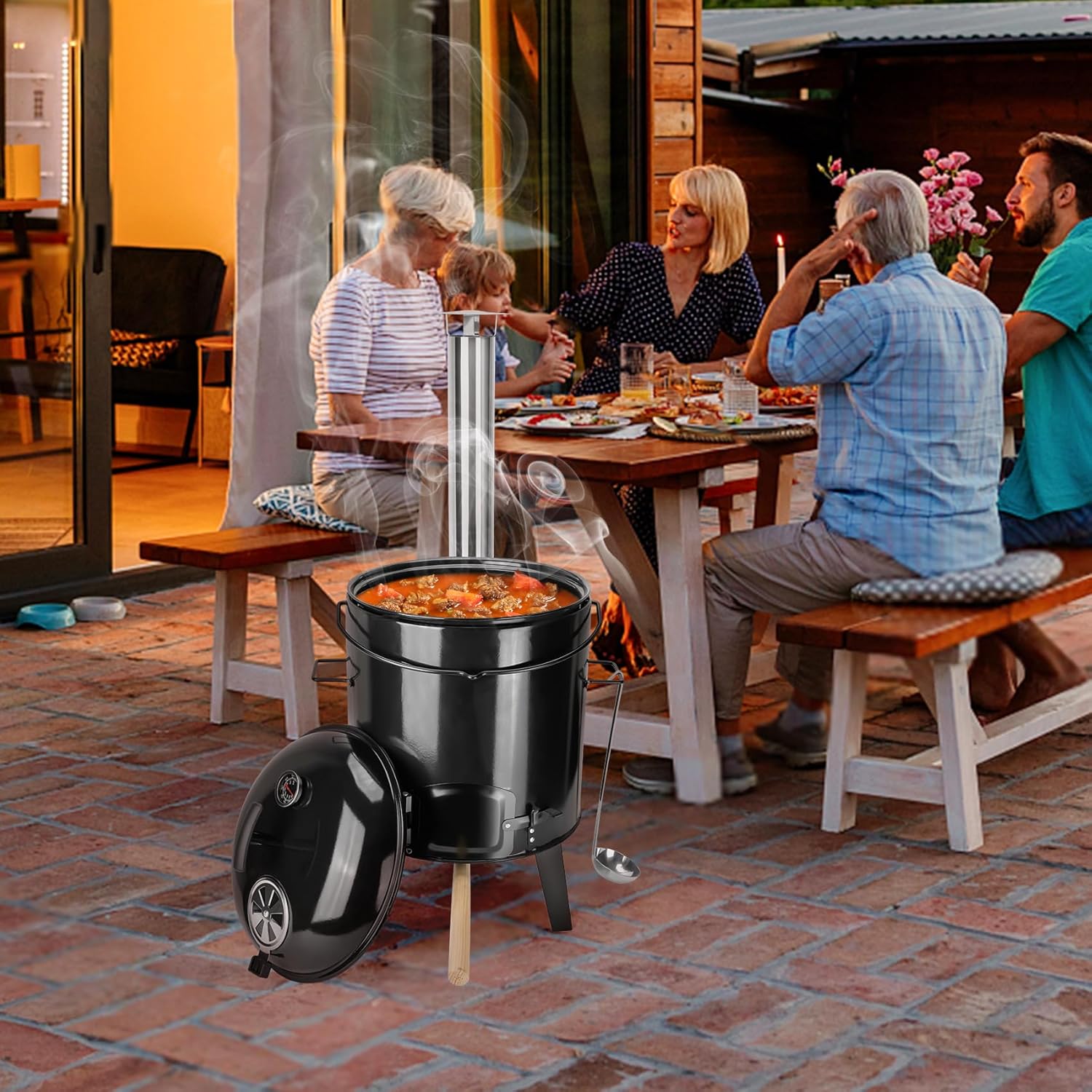 onlyfire Emailliert Gulaschkanone, Kesselgulasch mit Hähnchenbräter, Grillrost, Gulaschkessel mit Suppenkelle, Deckel, Thermometer, 14L Eintopfofen mit Grillfunktion Ofen Grill Kugelgrill für Outdoor