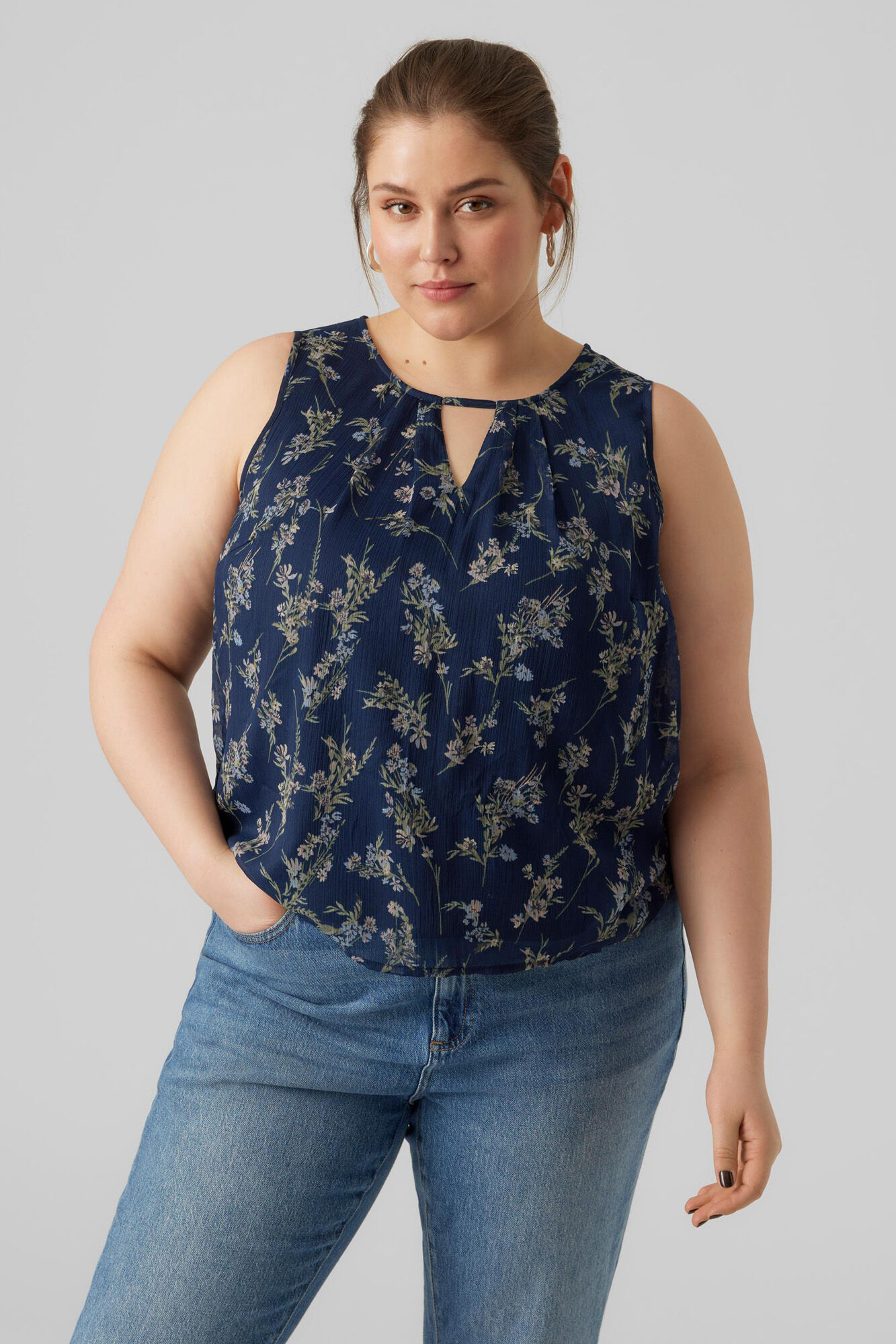 Blusa sem mangas com gola redonda plus size - Azul marinho