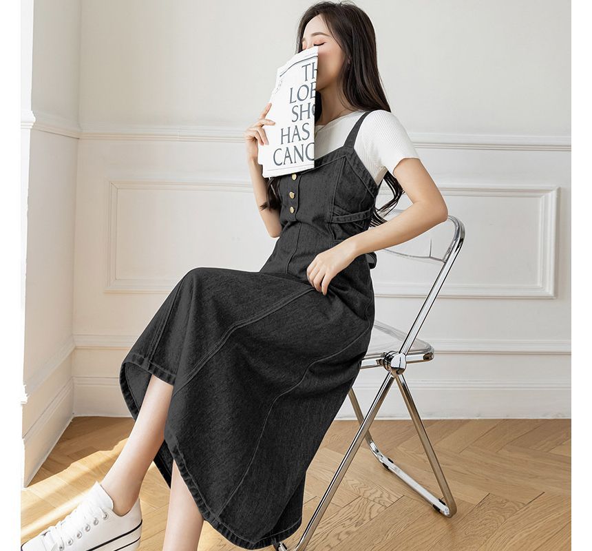 Hanji - Spaghettiband denim overall midi A-lijn jurk
