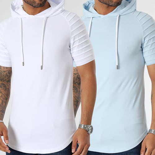 Lot De 2 Tee Shirts Capuche Oversize 2386 2502 Blanc Bleu Ciel