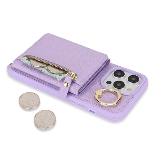 iPhone 13 Pro Necklace Leder Hülle mit Münzfach und Kartenfächer   Finger Griff Halterung   Handykette - Lila