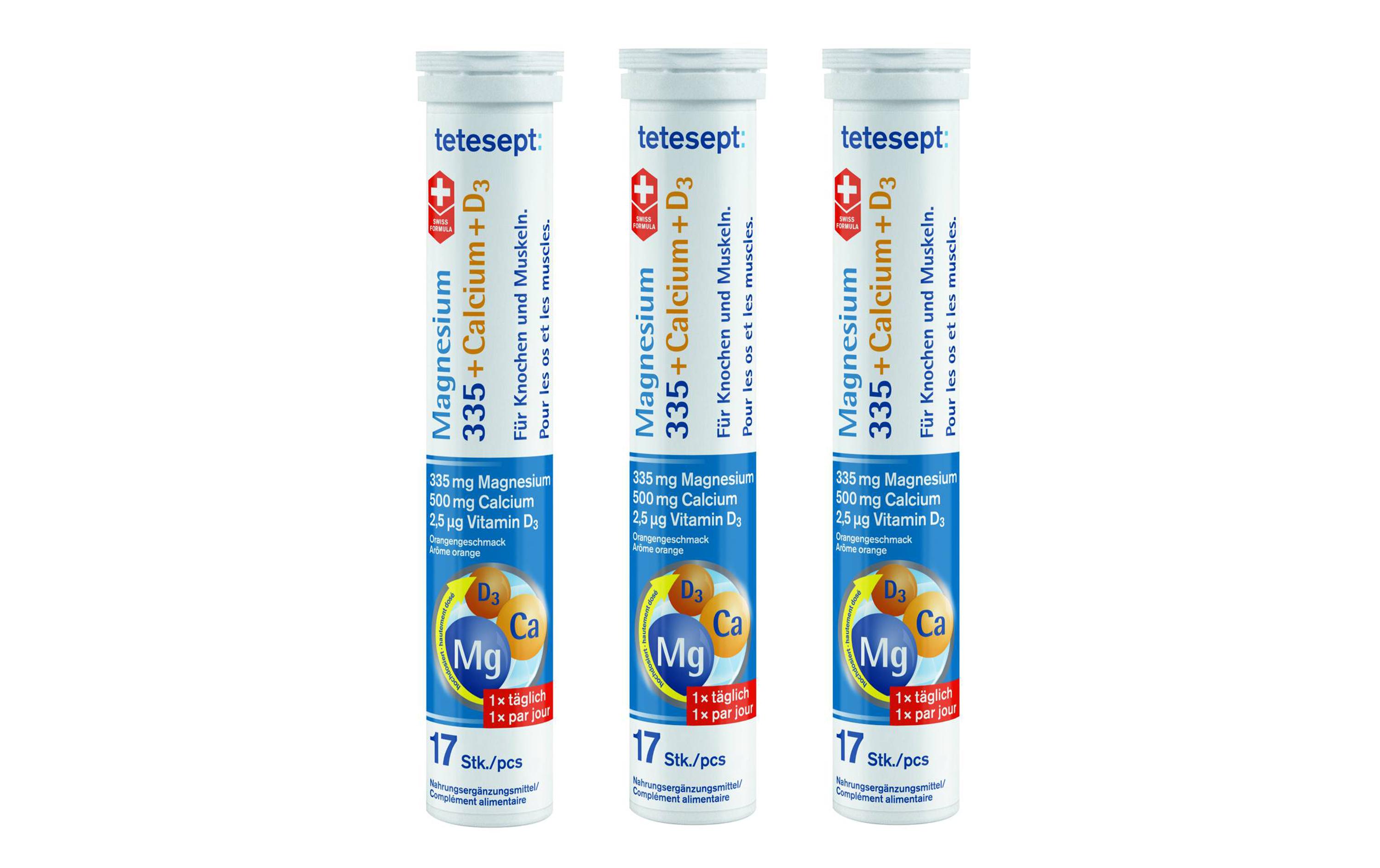 Magnesium 335 Calcium + D3 3 x 17 BrausetablettenVegane Nahrungsergänzung mit Magnesium, Calcium und Vitamin D