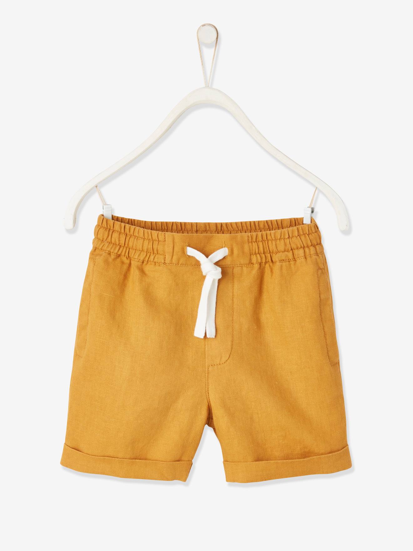 Calções de algodão/linho fáceis de vestir para meninos, bege médio, lisos com estampas.