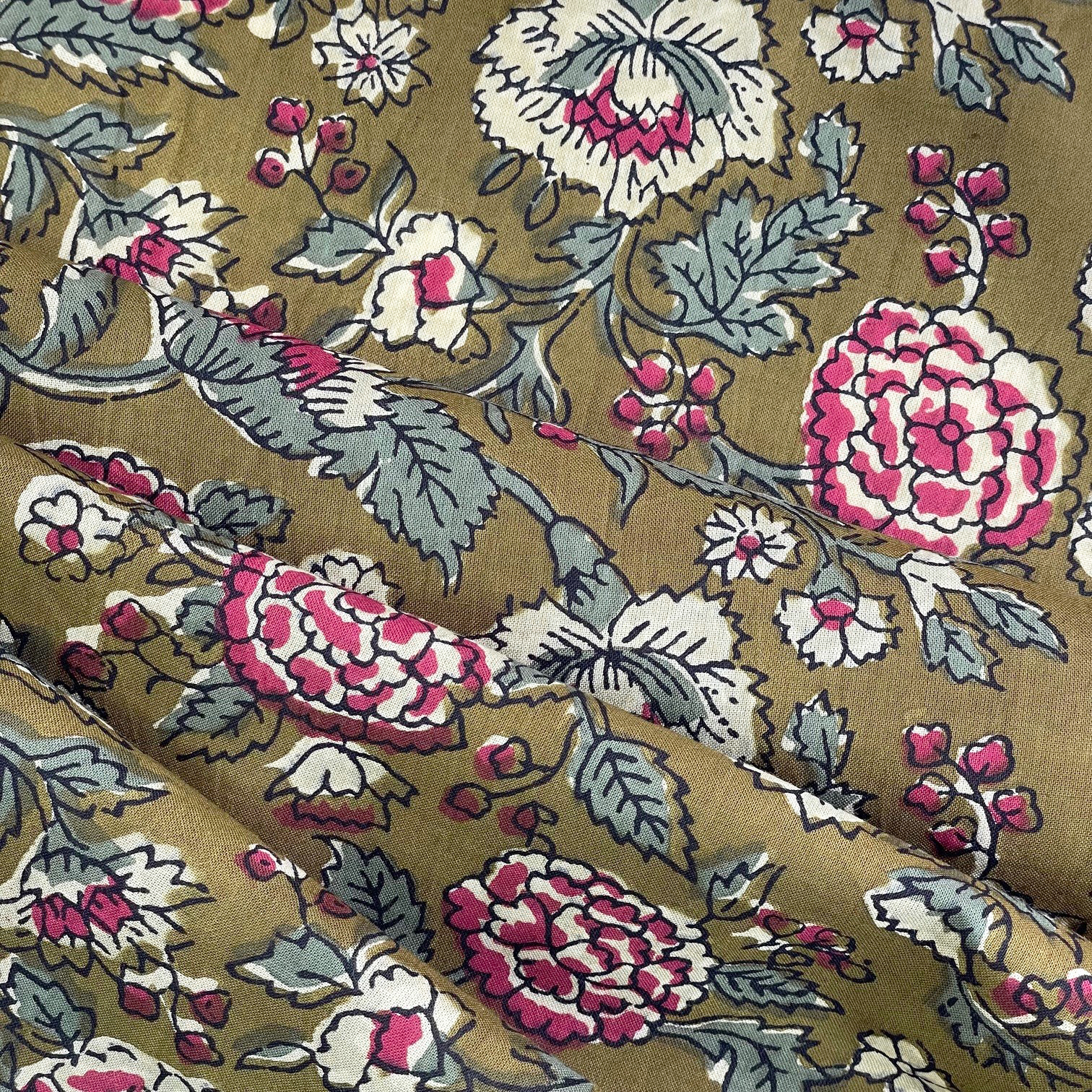 Tissu Coton Au Mètre Ex2516 Indienne Oeillets Kaki Framboise