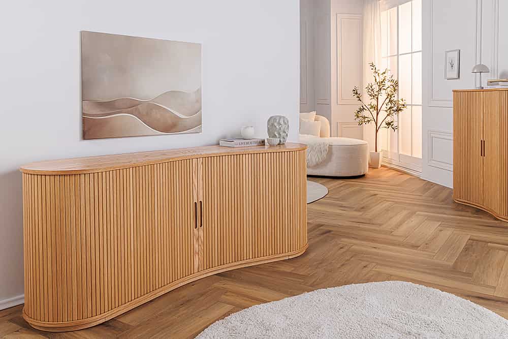 Retro Sideboard VALHALLA WOOD 180cm natur Eichenholz mit Schiebetüren
