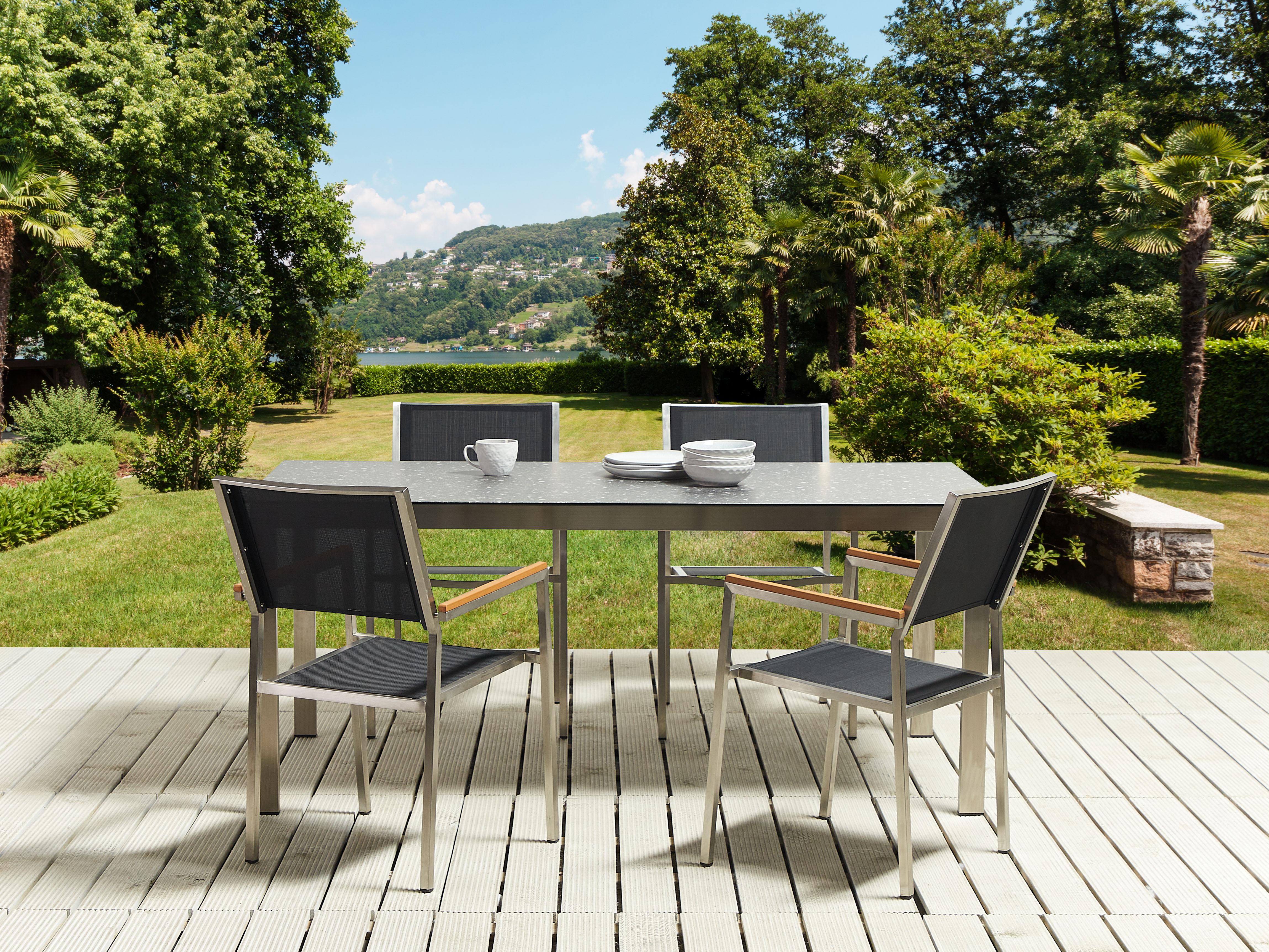 Tuinset 4-zits COSOLETO/GROSSETO Veiligheidsglas Granieteffect Zwart