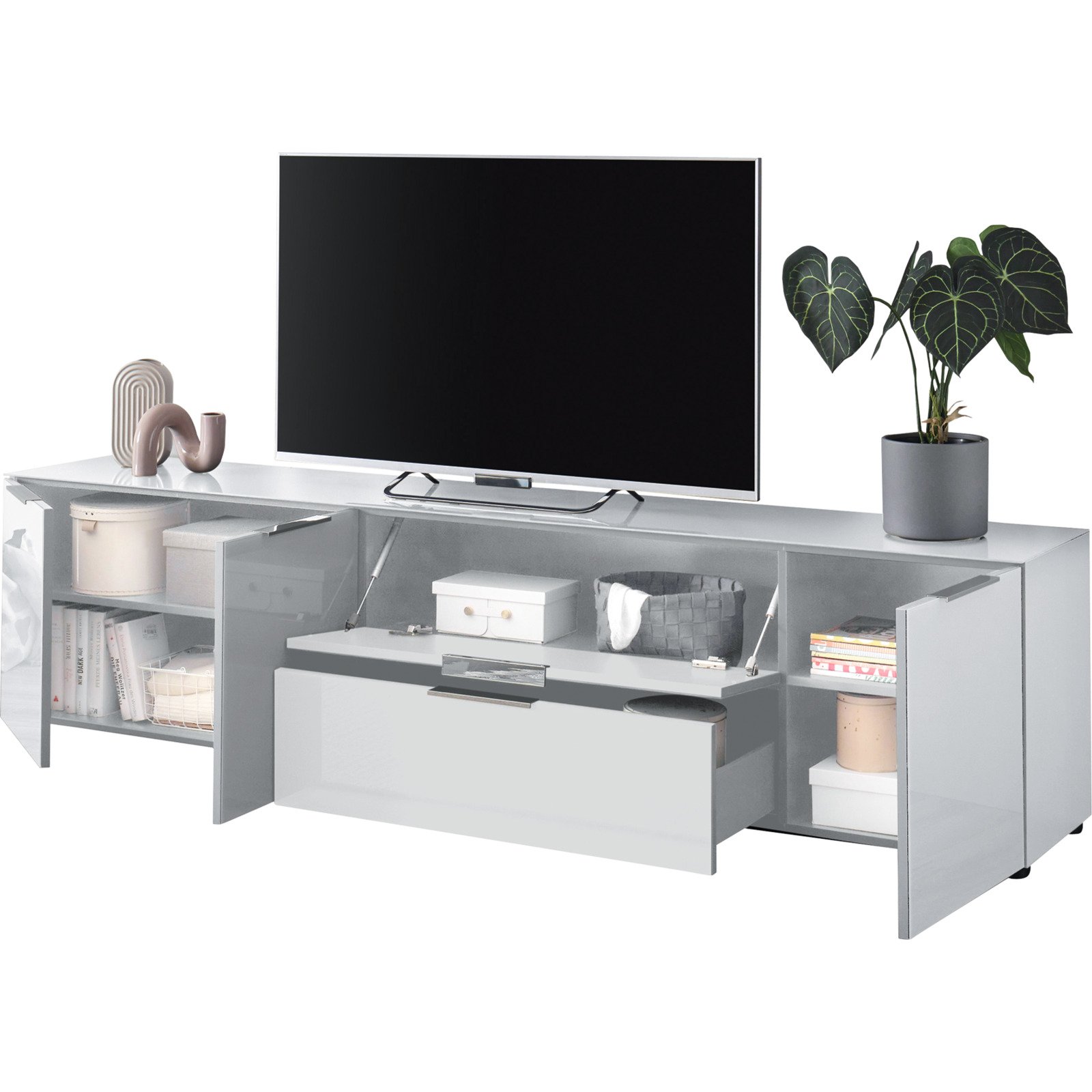 TV-Möbel Santo, Spanplatte Glas weiss, 225,5 x 54,5 x 40 cm